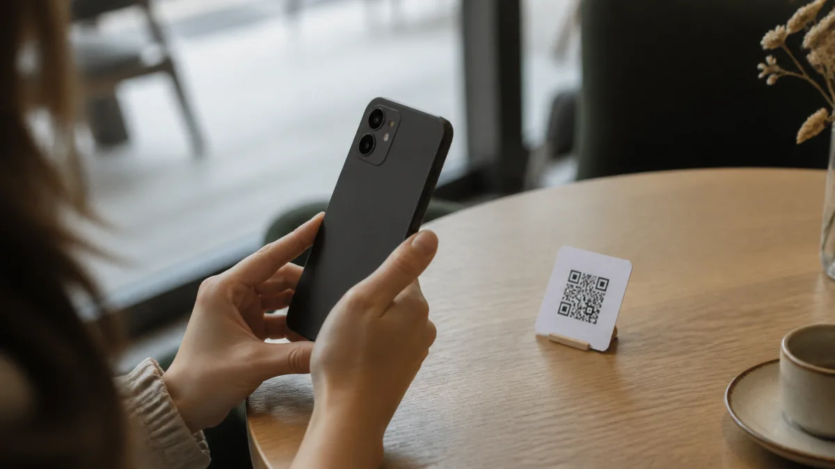 Kako skenirati QR kod na Androidu i iPhoneu Osoba usmjerava Android telefon prema QR kodu na stolu