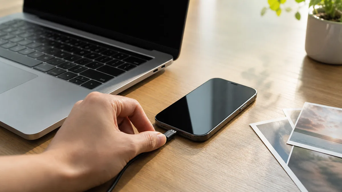 iPhone i laptop pripremljeni za prijenos fotografija USB kabelom