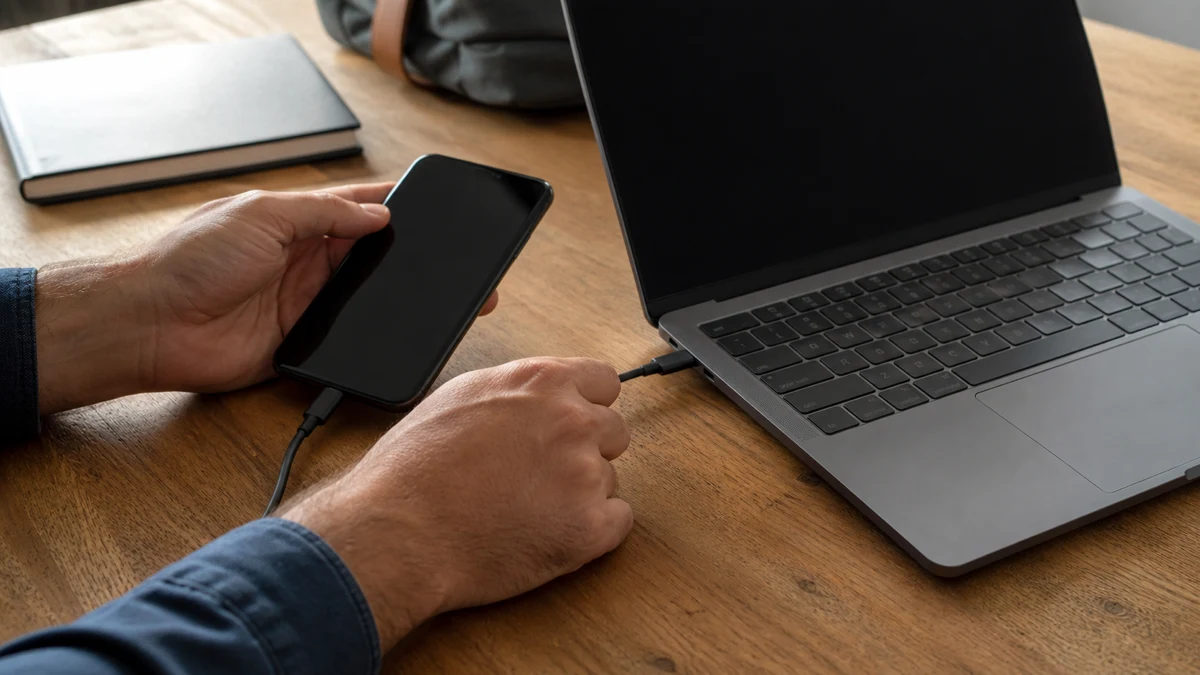 Mobitel povezan USB kabelom s laptopom za dijeljenje interneta