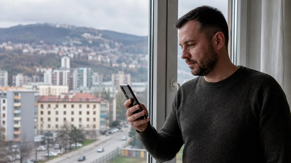 Osoba uz prozor provjerava lokaciju na telefonu prije slanja